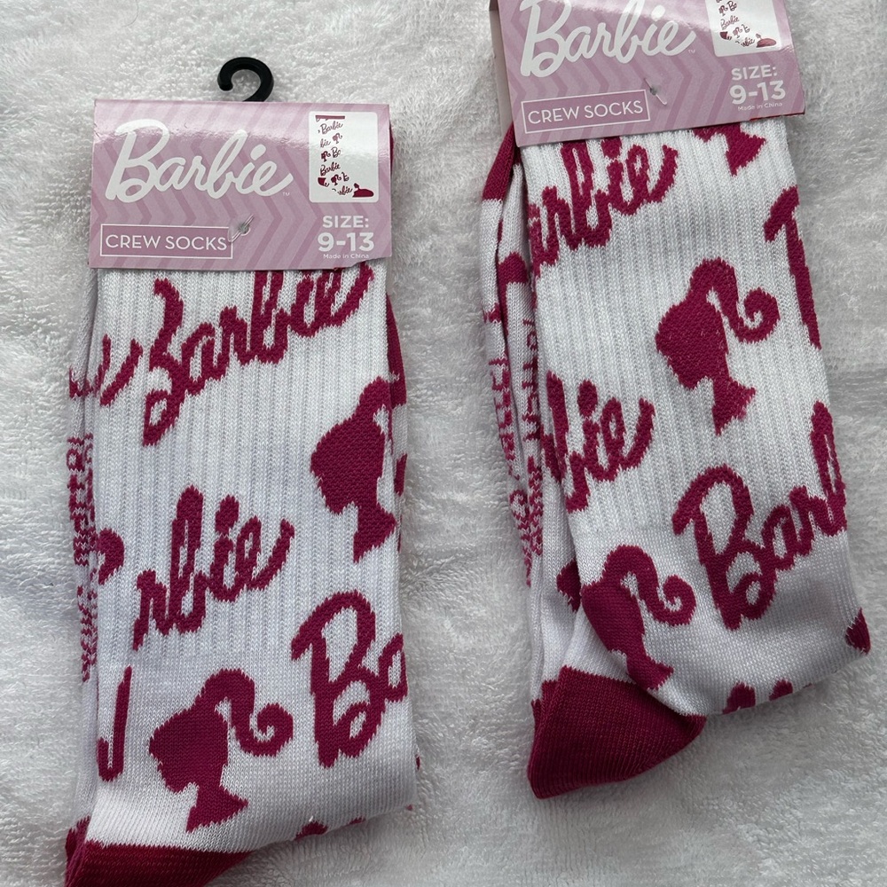 Mattel Barbie Adult Size 9-13 White Pink Novelty Graphic Crew Socks 2 Pack